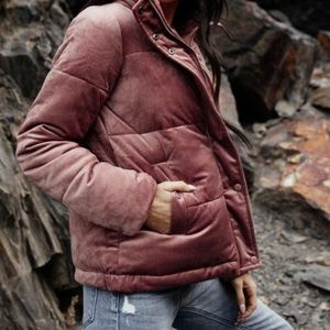 Pink velvet puffer jacket